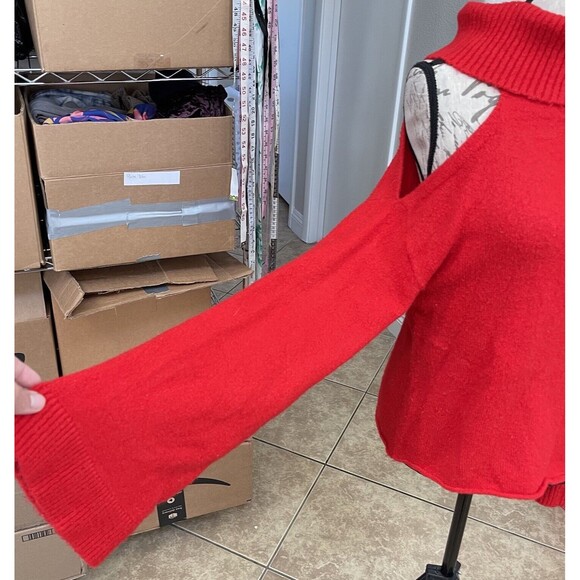 Honey Belle Women's Sweater Sz Small Off Shoulder Cut Out Turtleneck Red Ribbed - Picture 10 of 16